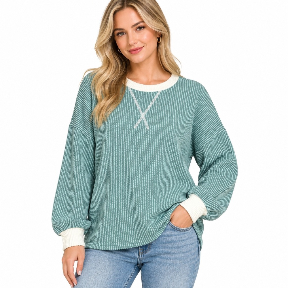 Zenana Womens Teal Waffle Knit Pullover Top Size S RTL-8651 Green Cream Ribbed